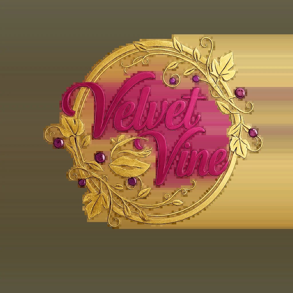 Velvet Vine logo with magenta script text inside an ornate gold circular frame with decorative leaf flourishes on black background