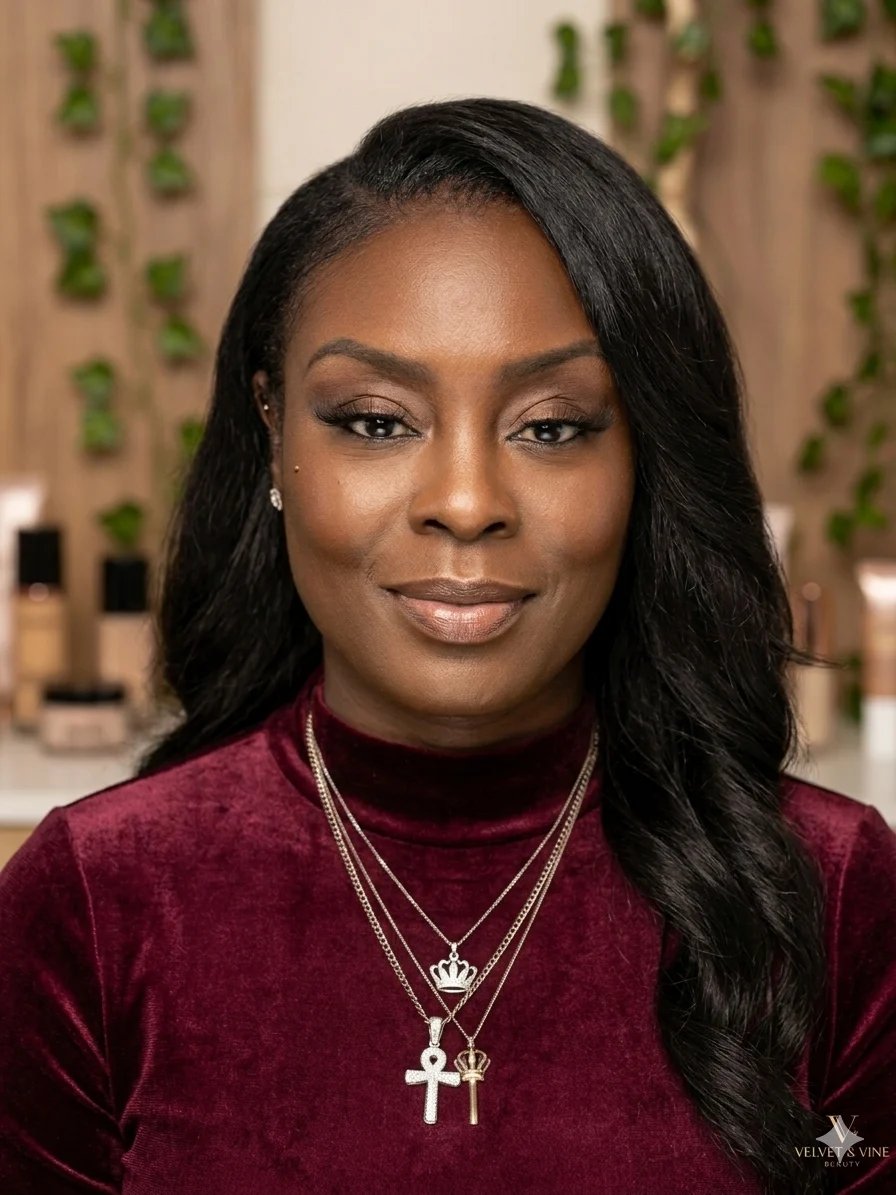 Woman with long black hair wearing a burgundy turtleneck and layered cross necklaces, smiling at camera with cosmetics products visible in background